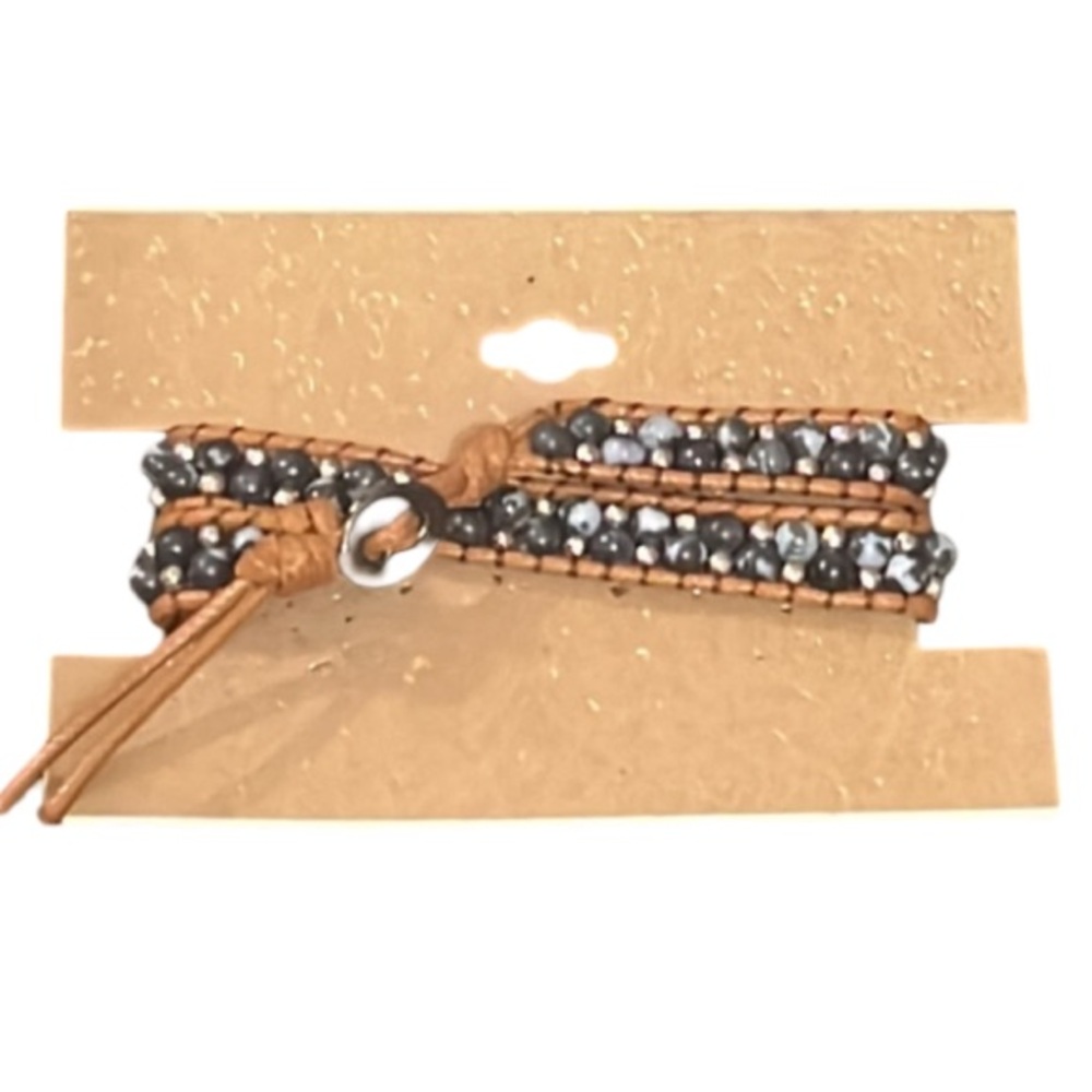 NWT Buckle Black Onyx Crystal Stone Beaded Leather Wrap Bracelet